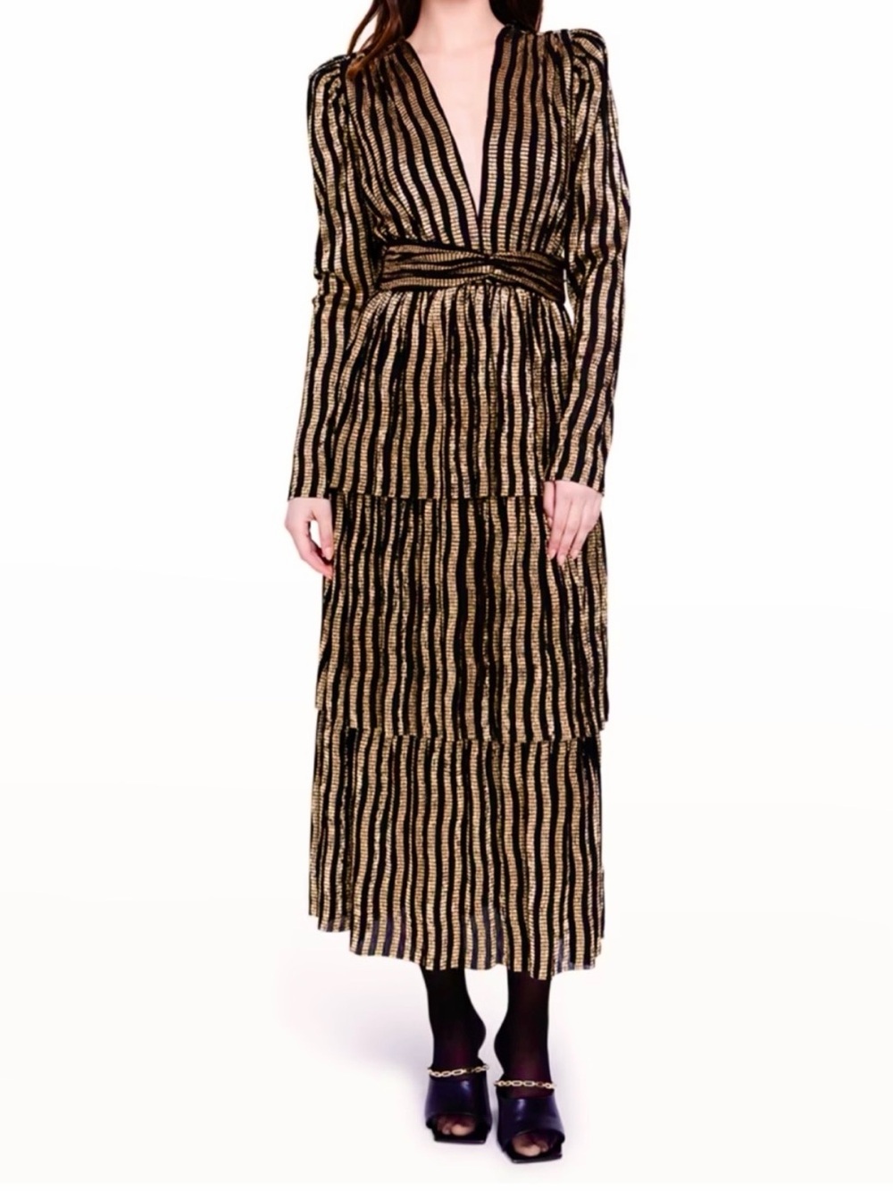 Sabina Musayev Misty Tiered Metallic Black and Gold Dress - size Large